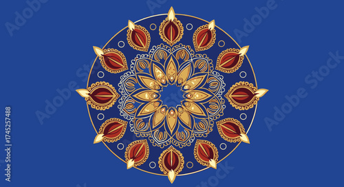 Elegant Traditional Mandala Design with Intricate Gold and Red Elements on Deep Blue Background, Symbolizing Spirituality, Cultural Heritage, Meditation, and Artistic Expression for Decor and