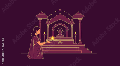 Elegant Woman in Traditional Indian Saree Holding Oil Lamp During Diwali Festival Lighting Ceremony at Sacred Temple, Cultural Celebration of Lights and Spiritual Rituals in India