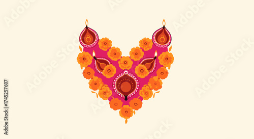 Intricate Heart-Shaped Colored Clay Oil Lamp Design Adorned with Bright Marigold Flowers for Cultural Celebrations, Festivals, and Traditional Decoration, Perfect for Festive Events and Cultural