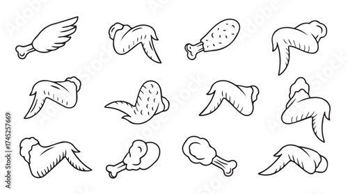Collection of hand drawn chicken wings and drumsticks food elements for culinary designs vector
