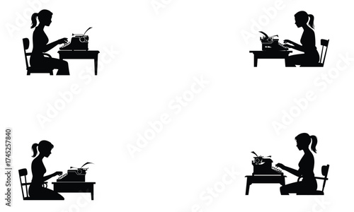 Silhouette of woman typing on typewriter at desk
