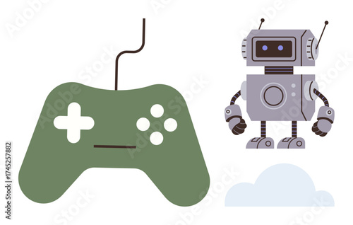 Green game controller with buttons and a gray robot with antennas near a cloud. Ideal for gaming, robotics, technology, innovation, entertainment, futurism, and education. Simple flat metaphor