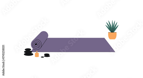 Minimalist illustration of a yoga mat stones plant and burning candle