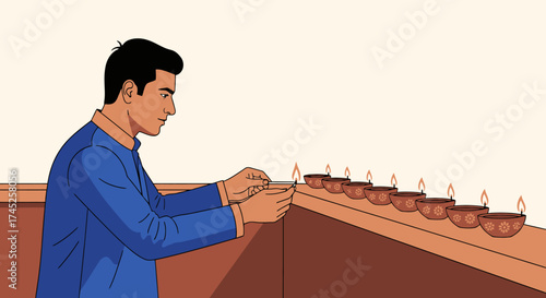 Traditional Indian Man Lighting Diyas for Diwali Celebration, Festival of Lights with Bright Flames, Cultural Rituals, and Home Decor for Festive Occasions, Celebrations, and Spiritual Significance