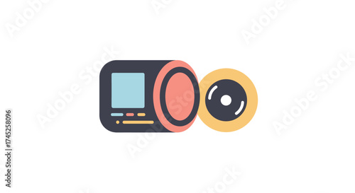 Colorful illustration depicting a portable compact disc player with an open tray