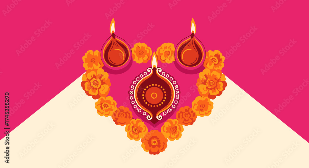 Naklejka premium Vibrant Diwali Diya Lamps and Marigold Flower Arrangement for Festival Celebrations, Traditional Indian Decorative Elements, Festive Glow and Cultural Festivity for Celebrations, Weddings, and