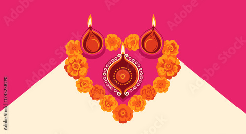Vibrant Diwali Diya Lamps and Marigold Flower Arrangement for Festival Celebrations, Traditional Indian Decorative Elements, Festive Glow and Cultural Festivity for Celebrations, Weddings, and