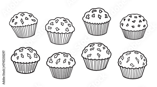 Hand drawn delicious muffins collection charming bakery food icons simple sketch style vector