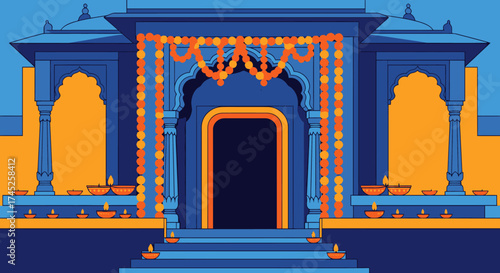 Vibrant Traditional Indian Wedding Entrance Gate Decor with marigold flower garlands and elegant arches, showcasing intricate architecture and festive celebration ambiance for special occasions