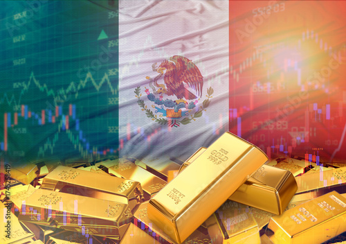 Gold bars on Mexico flag in background. Gold bars stacked on Mexican flag. Concept of Mexico gold reserves