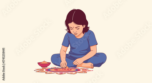 Young Girl Sitting Cross-Legged on Floor Playing with Traditional Madhubani Style Rangoli Design for Cultural Celebration and Art Creativity, Indo-Picnic Festival, Festive Activity