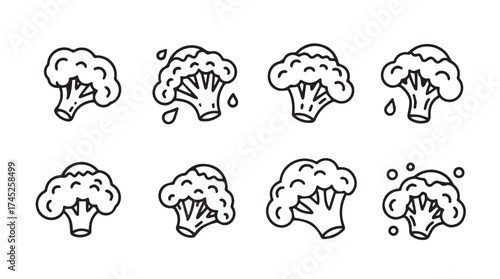Collection of hand drawn broccoli florets with water droplets isolated organic healthy food icons vector