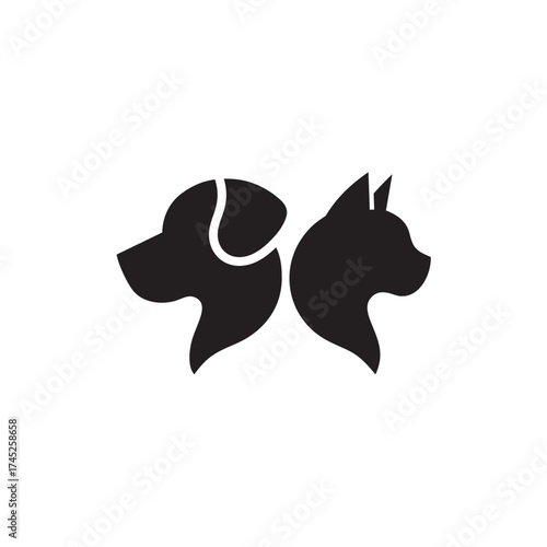 Stylized Black Silhouette of a Dog and Cat Heads Facing Each Other
