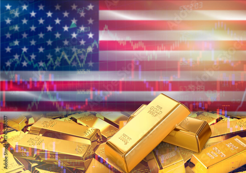 Gold bars on United States flag in background. Gold bars stacked on American flag. Concept of United States gold reserves