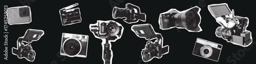 Pop art halftone collage featuring various cameras: action camera, retro camera, cinema camera, portable camera, gimbal camera, mirrorless camera, and photo camera. Creative concept of technology