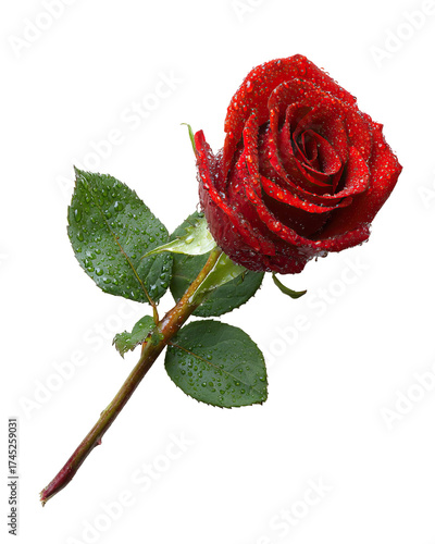 Romantic Single Red Rose with Fresh Stem and Leaves on Transparent Background