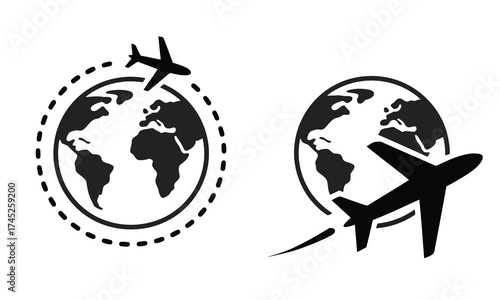 Airplane gracefully circumnavigating a stylized globe symbolizing worldwide travel global connectivity and international journeys isolated on white background