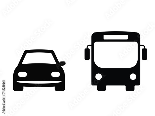 Set of black silhouette icons featuring a car and a bus presented clearly isolated on a white background perfect for transportation and logistics themes isolated on white background