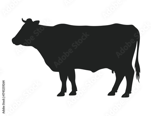 A striking black silhouette of a standing cow presented as a clean graphic element isolated on a pure white background perfect for various design applications isolated on white background