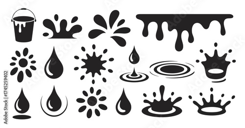 A collection of black and white water drop and splash icons representing various liquid forms and movements isolated on white background