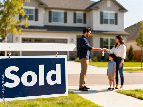 Close-Up of 'Sold' Sign in Front of New House with Man Handing Keys to Mother and Child in Blurred Background