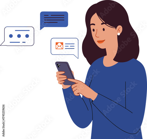 Digital communication illustration, woman using smartphone, online chatting, social media interaction, mobile technology, texting concept, modern lifestyle, messaging app, connectivity, conversation