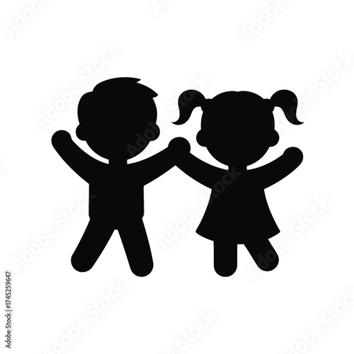 Silhouette of a happy young boy and girl holding hands and waving cheerfully isolated on white background