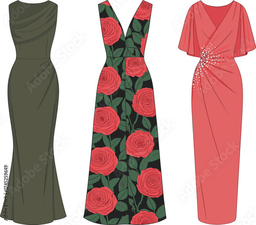 Evening gowns, sleeveless dress, floral pattern, V-neckline, flutter sleeves, coral color, olive green, red roses, fashion design, cad drawing flat vector illustration