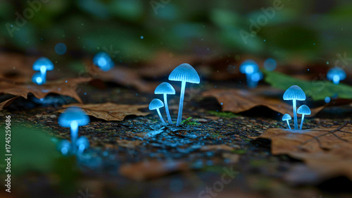 Enchanting glowing mushrooms illuminate a magical woodland floor