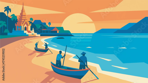 Illustration Of Galle Face Beach With Sunset And Fishermen With Traditional Boats Vector Design Template