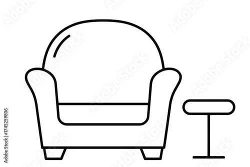 Simple line art icon of a comfortable armchair and ottoman representing modern furniture and interior design isolated on white background