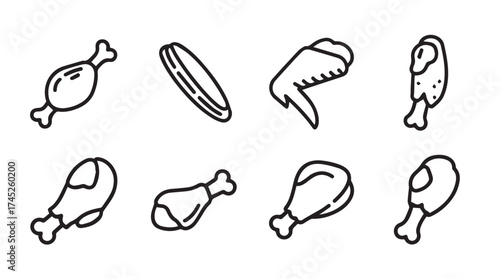 Collection of hand drawn chicken pieces icons representing fast food and cuisine deliciousness vector
