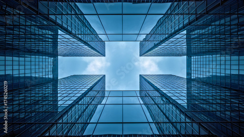 Modern architecture reflecting sky in dynamic urban cityscape