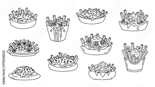 Collection of delicious french fries appetizer icons hand drawn sketch style line art vector