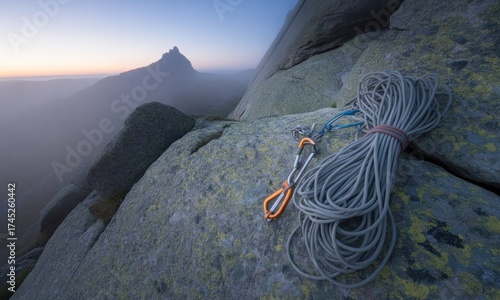 Climbing gear rests on a rock face with a distant mountain peak at dawn