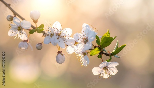 Spring blossoms on a branch, bathed in sunlight.  Soft focus, warm colors