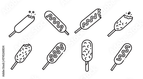 Whimsical hand drawn corn dog collection featuring various toppings and styles vector