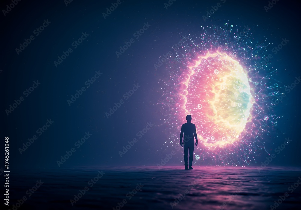 Fototapeta premium Silhouette walks toward a glowing cosmic portal.!!