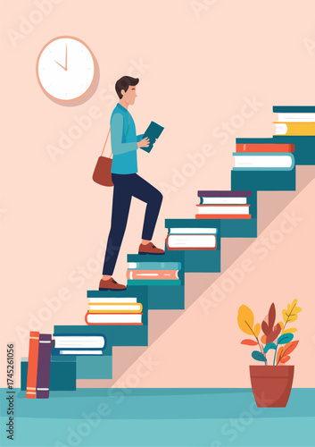 Man Climbing Stairs of Books Concept of Education and Growth