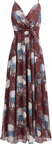 Floral maxi dress, sleeveless design, V-neckline, maroon base, flowy skirt, spring fashion, summer outfit, elegant wear, cad drawing flat vector illustration