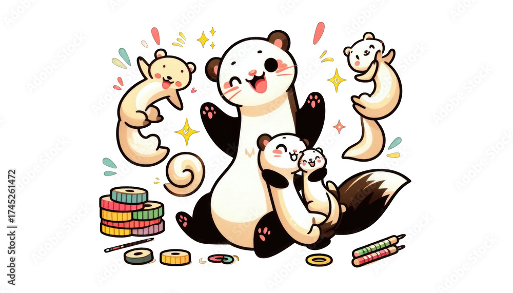 Fototapeta premium Playful ferrets enjoying colorful toys and coins