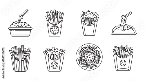Collection of fast food icons featuring french fries and other snacks in outline style vector