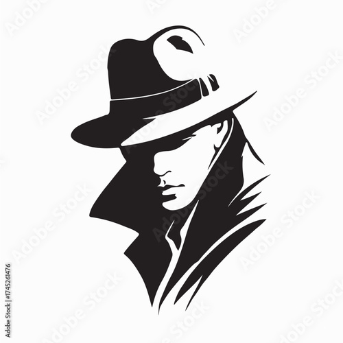 Classic Detective Character Silhouette Logo Vector on white background