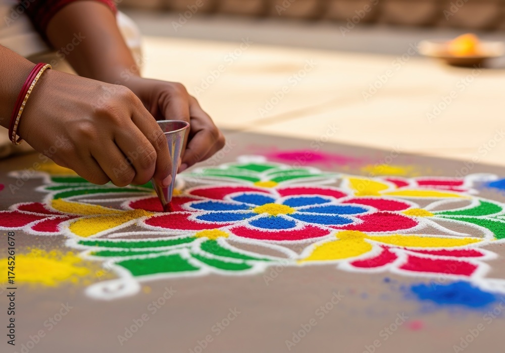Obraz premium Close-up of hands arranging flower petals on a vibrant, intricate rangoli design for the Diwali celebration.