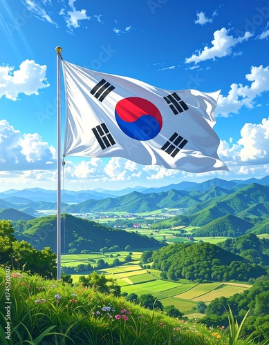 South Korean flag waving over a lush valley landscape