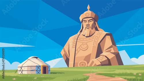 Tableau sur toile Illustration Of A Large Statue Of Genghis Khan In The Grassland With A Vast Blue