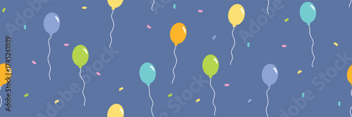Seamless blue pattern with floating colorful balloons for birthday party decoration, festive wrapping paper, cheerful background and celebration design projects