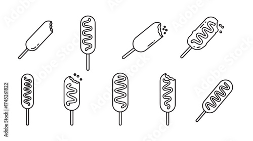 Hand drawn corn dogs on sticks with various toppings and styles set vector