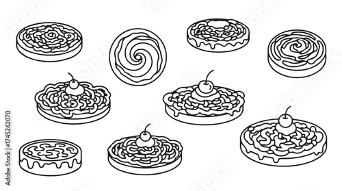 Collection of hand drawn sweet tart desserts featuring swirls toppings and cherries vector