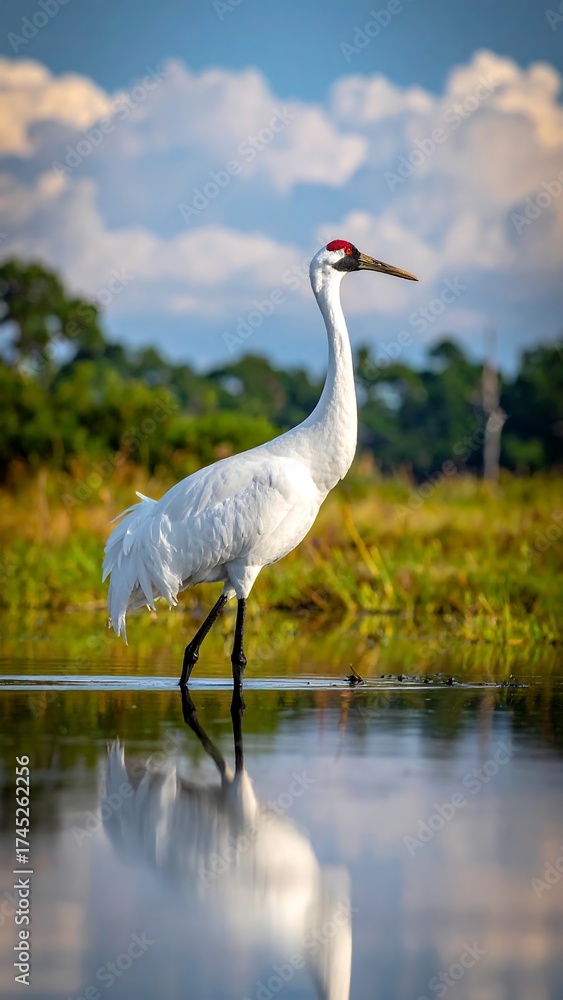 Naklejka premium White crane wading in shallow water